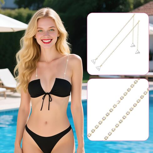 Detachable Rhinestone Bra Shoulder Straps 1 Pair Simple Bra Shoulder Chain Adjustable Crystal Strap Replacement Wedding Bridal Bling Body Jewelry for Women Dress Jewelry Lingerie Straps - Gold in Saudi Arabia