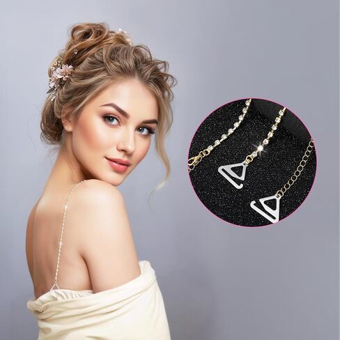 Detachable Rhinestone Bra Shoulder Straps 1 Pair Simple Bra Shoulder Chain Adjustable Crystal Strap Replacement Wedding Bridal Bling Body Jewelry for Women Dress Jewelry Lingerie Straps - Gold in Saudi Arabia