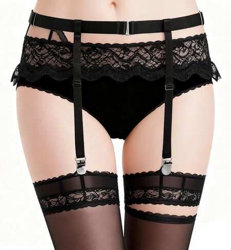 Women Adjustable Garter Belt, Women Black Simplicity Sexy Suspender Garter Belt with High Elastic Straps and Metal Clips Thigh High Stockings Suspender for Womens (Black, 4 Straps) in Saudi Arabia