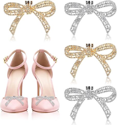 Crystal Bow Shoe Clips 4 Pcs Detachable Rhinestone Bow Heels Accessories Women Heel Bling Charms for Bridal Wedding Party Gift (Gold + Silver) in Saudi Arabia