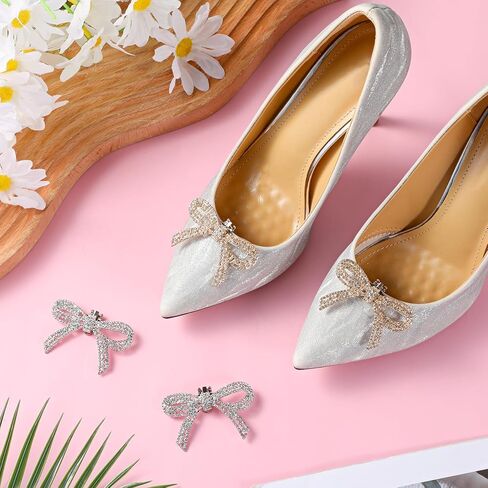 Crystal Bow Shoe Clips 4 Pcs Detachable Rhinestone Bow Heels Accessories Women Heel Bling Charms for Bridal Wedding Party Gift (Gold + Silver) in Saudi Arabia