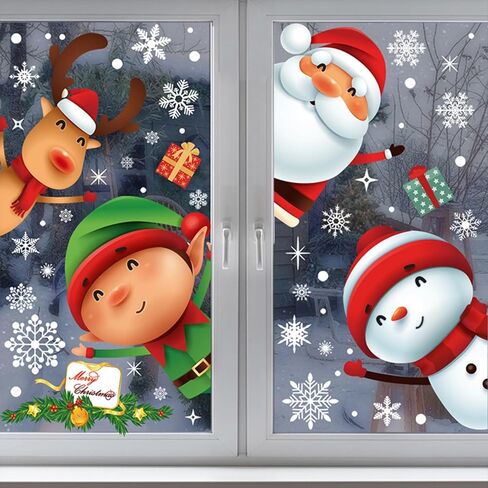 7 Sheets Christmas Snowflake Window Stickers, Reusable Window Stickers Santa Snowman Glass Christmas Decorations in Saudi Arabia