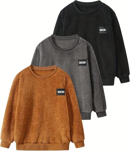 3 Pack Boys Long Sleeve Double-Faced Fleece Solid Sweatshirt Crewneck Pullover Sweater Top Winter Outfit 3-12Y in Kuwait
