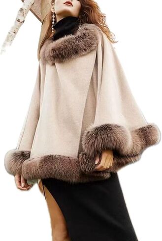FurinFashion ZE-012 المرأة معطف الصوف شتاء جديد أنثى الثعلب الفراء طويل الخفافيش شال فرو الرأس معطف in Kuwait