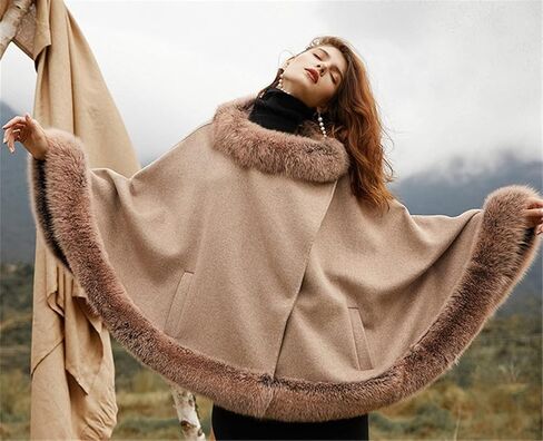 FurinFashion ZE-012 المرأة معطف الصوف شتاء جديد أنثى الثعلب الفراء طويل الخفافيش شال فرو الرأس معطف in Kuwait