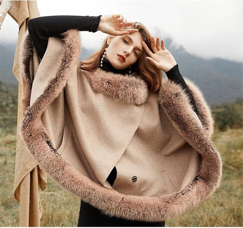 FurinFashion ZE-012 المرأة معطف الصوف شتاء جديد أنثى الثعلب الفراء طويل الخفافيش شال فرو الرأس معطف in Kuwait