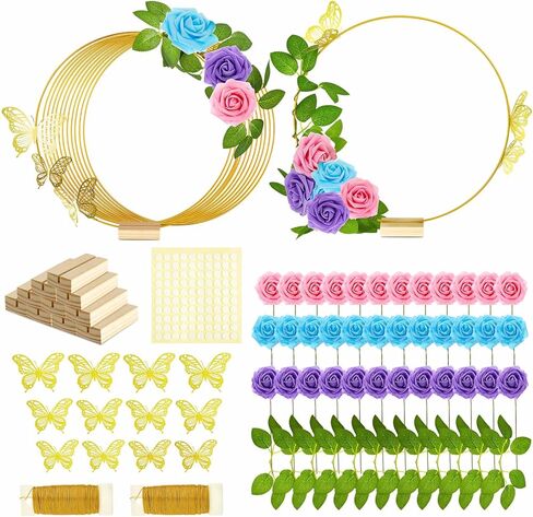 12 Set Spring Butterfly Theme Floral Hoop Centerpieces Kit Include Metal Ring with Base 3D Butterfly Decoration PE Foam Flower Adhesive Dots and Gold Wires for DIY Wedding Baptism (Hexagon) in Kuwait