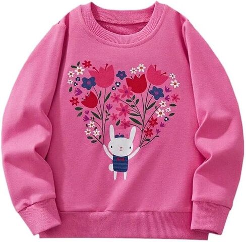 Girl Sweatshirt, Rabbit Floral Graphic Long Sleeve Cotton Top, Casual Spring Fall Winter Everyday for 3-8 Years in Saudi Arabia