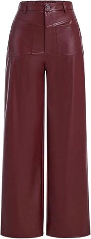 MakeMeChic Women's Leather Pants High Waist Wide Leg Pants Elastic Straight Party Trousers with Pockets in Saudi Arabia