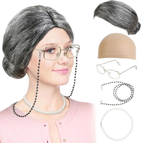 WOVOWOVO Grandma Costume Old Lady Wig Set for Adults,Gray Wig with Bun and Cap,Glasses,Pearl Necklace,Eyeglass Chain - Perfect Halloween Costume School Role Play in Saudi Arabia