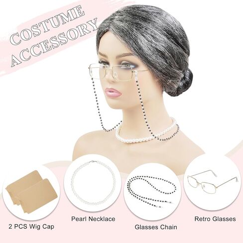 WOVOWOVO Grandma Costume Old Lady Wig Set for Adults,Gray Wig with Bun and Cap,Glasses,Pearl Necklace,Eyeglass Chain - Perfect Halloween Costume School Role Play in Saudi Arabia
