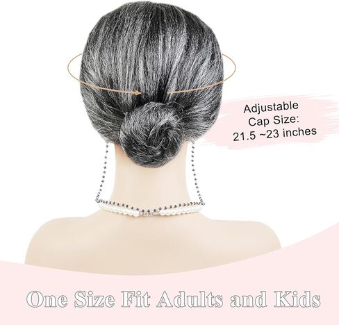 WOVOWOVO Grandma Costume Old Lady Wig Set for Adults,Gray Wig with Bun and Cap,Glasses,Pearl Necklace,Eyeglass Chain - Perfect Halloween Costume School Role Play in Saudi Arabia