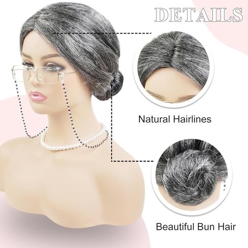 WOVOWOVO Grandma Costume Old Lady Wig Set for Adults,Gray Wig with Bun and Cap,Glasses,Pearl Necklace,Eyeglass Chain - Perfect Halloween Costume School Role Play in Saudi Arabia