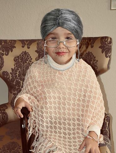 WOVOWOVO Grandma Costume Old Lady Wig Set for Adults,Gray Wig with Bun and Cap,Glasses,Pearl Necklace,Eyeglass Chain - Perfect Halloween Costume School Role Play in Saudi Arabia