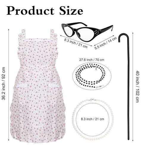8Pcs Old Women Granny Costume Old Lady Wig Glasses Pearl Necklace and Earrings Cane for 100 Days of School Halloween Cosplay (Long, Low Bun Hairstyle) in Saudi Arabia