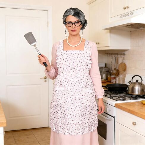 8Pcs Old Women Granny Costume Old Lady Wig Glasses Pearl Necklace and Earrings Cane for 100 Days of School Halloween Cosplay (Long, Low Bun Hairstyle) in Saudi Arabia