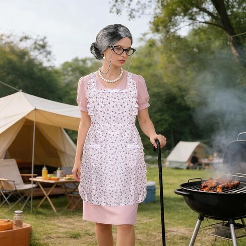 8Pcs Old Women Granny Costume Old Lady Wig Glasses Pearl Necklace and Earrings Cane for 100 Days of School Halloween Cosplay (Long, Low Bun Hairstyle) in Saudi Arabia