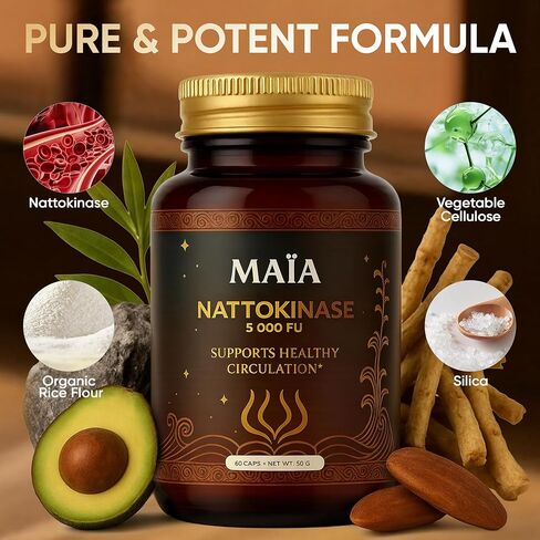 Maia Nattokinase Supplement, with 5000 FU, Supports Arterial Cleanliness and Heart Health, Promotes Healthy Circulation, Added Vitality and Wellness, Plant-Based Capsules, Zero Sugar, 60 Capsules in Saudi Arabia