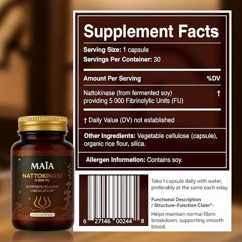 Maia Nattokinase Supplement, with 5000 FU, Supports Arterial Cleanliness and Heart Health, Promotes Healthy Circulation, Added Vitality and Wellness, Plant-Based Capsules, Zero Sugar, 60 Capsules in Saudi Arabia