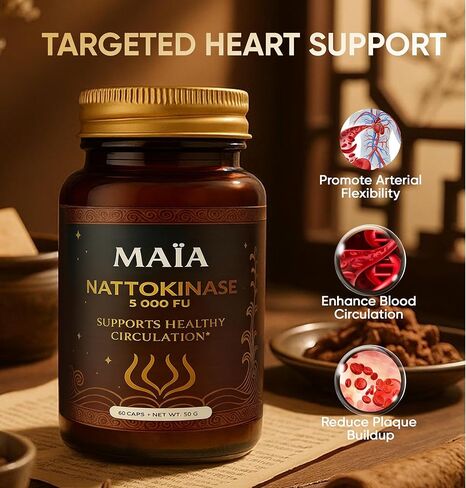 Maia Nattokinase Supplement, with 5000 FU, Supports Arterial Cleanliness and Heart Health, Promotes Healthy Circulation, Added Vitality and Wellness, Plant-Based Capsules, Zero Sugar, 60 Capsules in Saudi Arabia