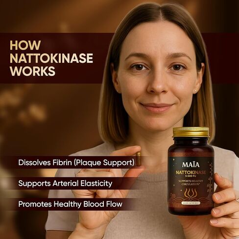 Maia Nattokinase Supplement, with 5000 FU, Supports Arterial Cleanliness and Heart Health, Promotes Healthy Circulation, Added Vitality and Wellness, Plant-Based Capsules, Zero Sugar, 60 Capsules in Saudi Arabia