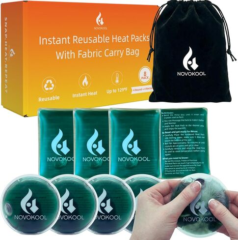 Reusable Heat Packs-8 Instant Heat Packs Click Activated-Pads for On The Go, Camping or Home for Hot Compress, Pocket Hand Warmers or Pain Relief-4 Round 4 Rectangle and 1 Fabric Carry Bag in Saudi Arabia
