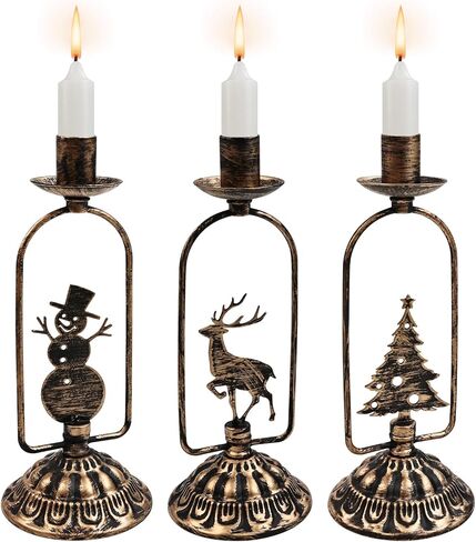 Set of 3 Christmas Candle Holders, Iron Candlestick Holders for Taper Candles, Vintage Candle Sticks Holder Set, Candlestick Holder for Table Mantel Centerpiece Christmas Decorations in Saudi Arabia