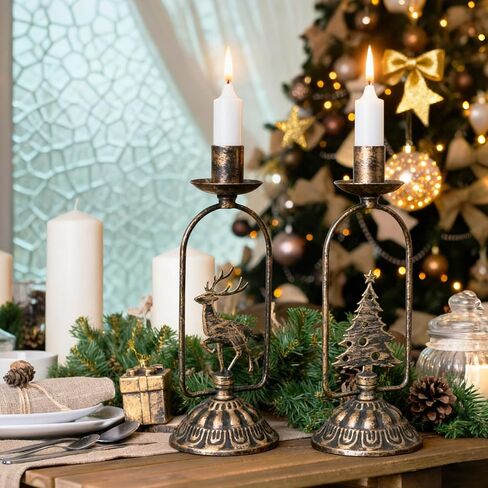 Set of 3 Christmas Candle Holders, Iron Candlestick Holders for Taper Candles, Vintage Candle Sticks Holder Set, Candlestick Holder for Table Mantel Centerpiece Christmas Decorations in Saudi Arabia