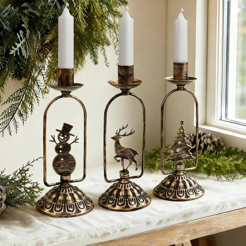 Set of 3 Christmas Candle Holders, Iron Candlestick Holders for Taper Candles, Vintage Candle Sticks Holder Set, Candlestick Holder for Table Mantel Centerpiece Christmas Decorations in Saudi Arabia