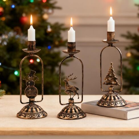 Set of 3 Christmas Candle Holders, Iron Candlestick Holders for Taper Candles, Vintage Candle Sticks Holder Set, Candlestick Holder for Table Mantel Centerpiece Christmas Decorations in Saudi Arabia