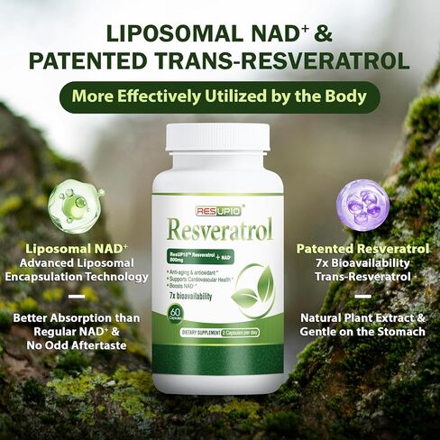 مكمل Liposomal NAD+ ريسفيراترول 1300 مجم، ريسفيراترول متحول عالي التوافر الحيوي 10، مع قوة إضافية NAD Plus، يدعم الشيخوخة وصحة القلب والأوعية الدموية والطاقة الخلوية، 60 كبسولة in Kuwait