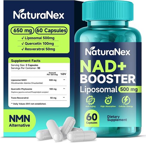 مكمل NAD+ 650 ملجم (60 كبسولة)، ليبوسومال NAD+ مع ريسفيراترول وكيرسيتين، تم اختباره من قبل طرف ثالث، بديل مكمل NMN in Saudi Arabia
