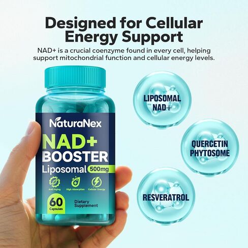مكمل NAD+ 650 ملجم (60 كبسولة)، ليبوسومال NAD+ مع ريسفيراترول وكيرسيتين، تم اختباره من قبل طرف ثالث، بديل مكمل NMN in Saudi Arabia
