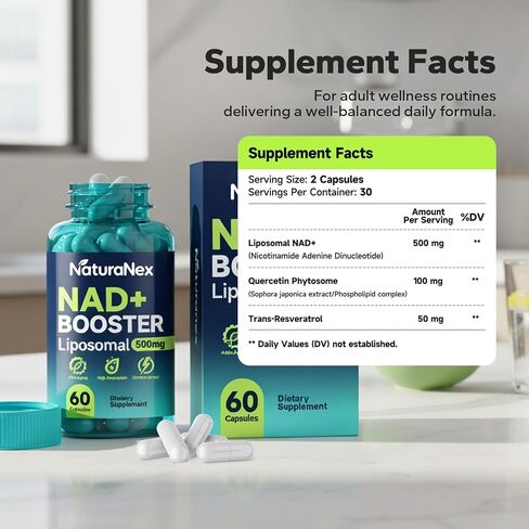 مكمل NAD+ 650 ملجم (60 كبسولة)، ليبوسومال NAD+ مع ريسفيراترول وكيرسيتين، تم اختباره من قبل طرف ثالث، بديل مكمل NMN in Saudi Arabia