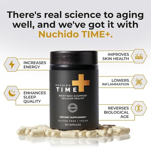Nuchido Time+ NAD Supplement for Men & Women - Advanced Formula for Healthy Aging, Energy, Focus, Cellular Health & Longevity - Nicotinamide, Alpha Lipoic Acid, Quercetin - 90 Capsules in Saudi Arabia