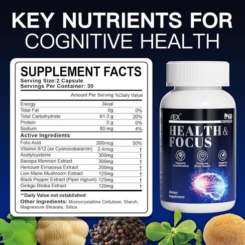 VEX Brain Supplements for Memory and Focus Contain Vitamin B12 folic Acid acetylcysteine Purslane Lion's Mane Mushroom and Ginkgo biloba extracts—for Brain Health 60 Capsules in Saudi Arabia