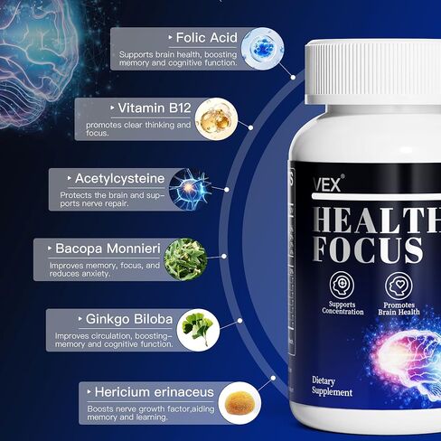 VEX Brain Supplements for Memory and Focus Contain Vitamin B12 folic Acid acetylcysteine Purslane Lion's Mane Mushroom and Ginkgo biloba extracts—for Brain Health 60 Capsules in Saudi Arabia