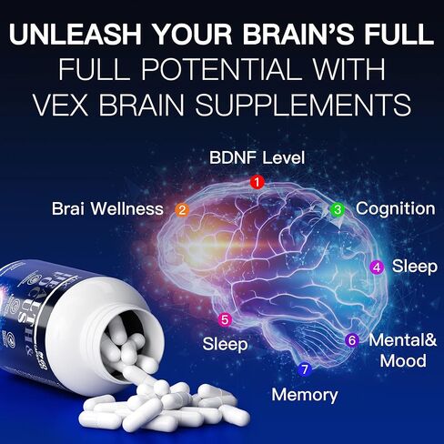 VEX Brain Supplements for Memory and Focus Contain Vitamin B12 folic Acid acetylcysteine Purslane Lion's Mane Mushroom and Ginkgo biloba extracts—for Brain Health 60 Capsules in Saudi Arabia
