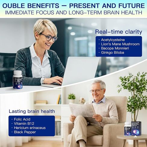 VEX Brain Supplements for Memory and Focus Contain Vitamin B12 folic Acid acetylcysteine Purslane Lion's Mane Mushroom and Ginkgo biloba extracts—for Brain Health 60 Capsules in Saudi Arabia