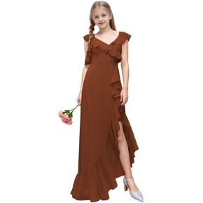 Junior Girls Bridesmaid Dress Split for Teens V Neck Ruffle Chiffon Flower Girl Formal Dresses for Wedding in Kuwait
