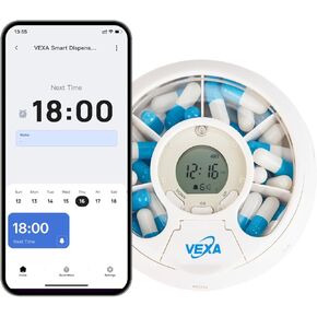 موزع حبوب الدواء الذكي VEXA VitaPal 7 مع تنبيهات التطبيق، منظم السفر المحمول والتذكيرات الصوتية القابلة للبرمجة للأجهزة اللوحية والكبسولات والفيتامينات وإدارة الأدوية in Kuwait
