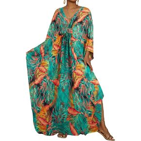 Bsubseach Kaftan Dresses for Women Floral Printed Plus Size Beach Cover Up Maxi Batwing Sleeves MooMoo Caftan Dress in Saudi Arabia