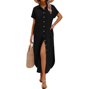 Zeagoo Womens Summer Casual Short Sleeve Button Down Long Shirt Dresses Loose Swimsuit Beach Cover Ups with Pockets in Saudi Arabia