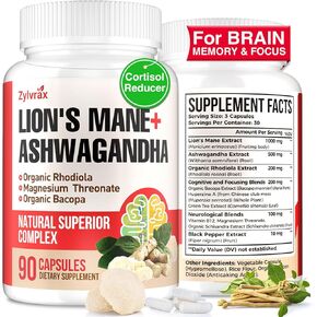 كبسولات مكملات Ashwagandha & Lions Mane، مكملات الدماغ للذاكرة والتركيز، Ashwagandha مع Rhodiola Rosea لدعم الإدراك والمناعة، مكملات الكورتيزول للنساء، 90 كبسولة in Kuwait