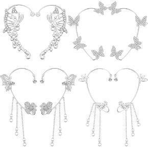 4 Pairs Butterfly Ear Cuff, Glitter Rhinestone Ear Cuffs Non Piercing, Silver Butterfly Earrings for Women Fairy Costume, Wedding, Party, Halloween Christmas(Silver) in Saudi Arabia