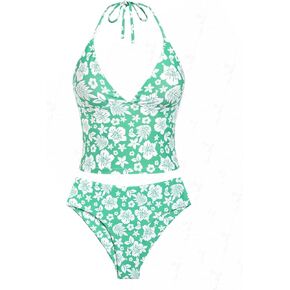 Floral & Lemon Print Tankinis - Women’s Tankini Swimsuits with Leaves Design & Gingham Trim in Saudi Arabia