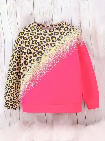 Girls Long Sleeve Leopard Print Pink Ombre T-Shirt Stylish Graphic Top for Tween Big Girls in Saudi Arabia