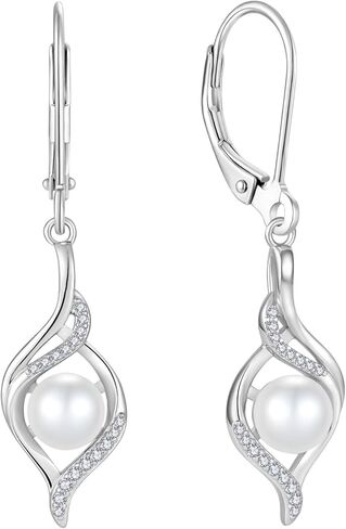 Pearl Dangle Drop Earrings for Women 925 Sterling Silver Infinity Leverback Earrings with 6MM White Pearl Jewelry in Saudi Arabia