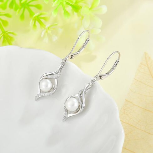 Pearl Dangle Drop Earrings for Women 925 Sterling Silver Infinity Leverback Earrings with 6MM White Pearl Jewelry in Saudi Arabia