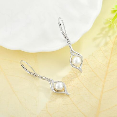 Pearl Dangle Drop Earrings for Women 925 Sterling Silver Infinity Leverback Earrings with 6MM White Pearl Jewelry in Saudi Arabia
